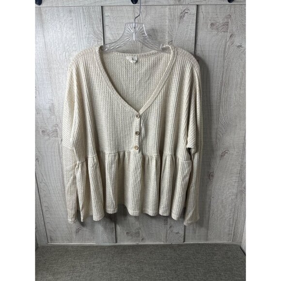 Lovely Melody Womens Beige Waffle Knit Peplum Button Top Size M Oversized - Picture 1 of 7